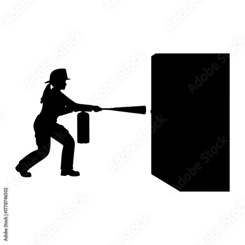 Firefighter silhouette spraying extinguisher fire extinguisher