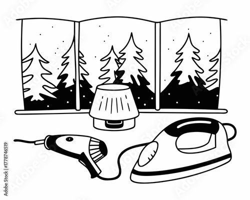 Cozy winter scene featuring household appliances and a snowy window view