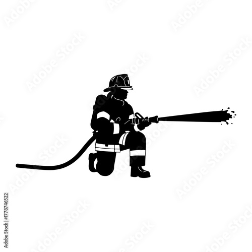 Firefighter spraying water from hose silhouette kneeling