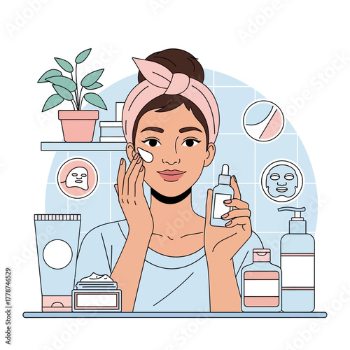 Young woman applying moisturizing cream during her daily skincare routine.