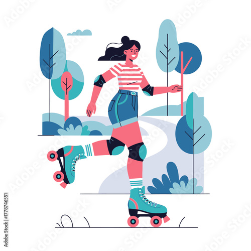 Woman Roller Skating in Park Illustration.
