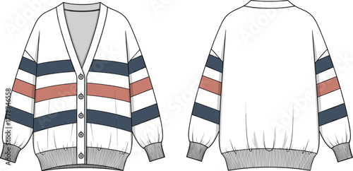 Fashion cardigan technical flat sketch, vector CAD drawing of striped knitwear design, front and back view illustration, clothing template design