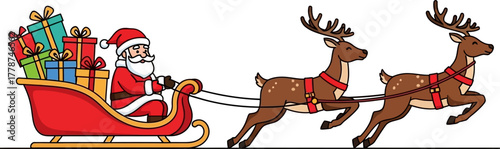 illustration of Santa Claus on a Christmas sleigh.	