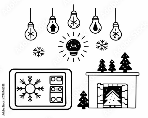 Festive christmas scene with fireplace, christmas tree and light bulbs