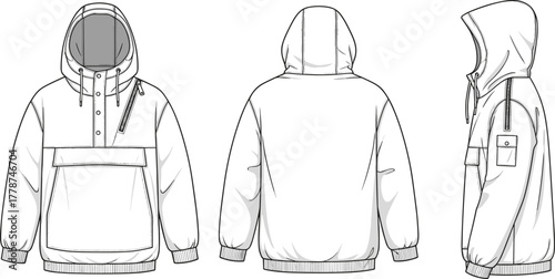 Hooded sweatshirt technical drawing, vector fashion flat sketch, anorak hoodie front back side view, apparel design template illustration, CAD drawing flat vector illustration