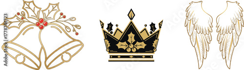 Three ornate decorative elements bells crown and tassel