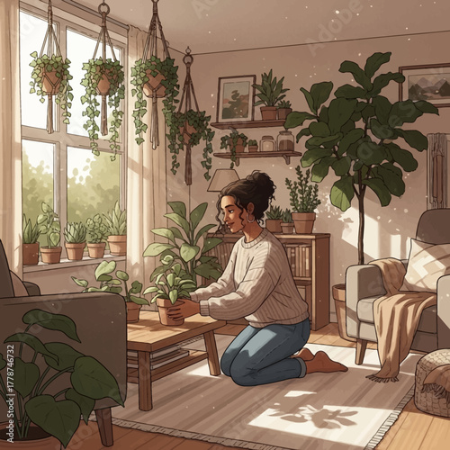 Woman tending to plants in a sunlit room.