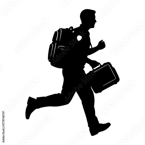 Man running with backpack and briefcase silhouette
