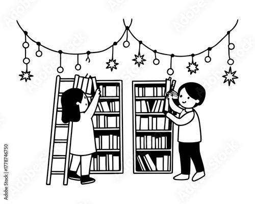 Illustration of children arranging books on shelves