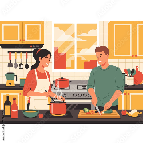 Couple happily cooking together in a modern kitchen.