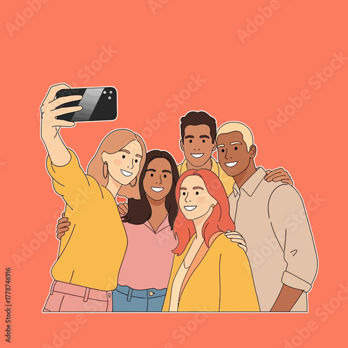 Group of friends taking a selfie together smiling and happy.