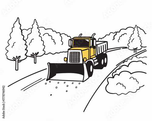 Snowplow truck clearing a snowy road with trees