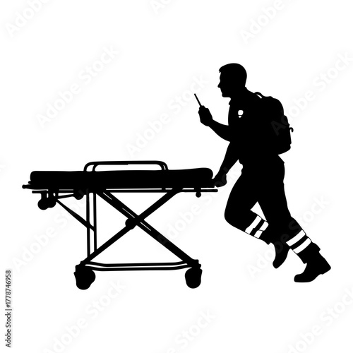 Medic running with stretcher and radio medical emergency