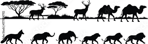Wild animal silhouettes walking in savanna landscape with trees, deer, camel, elephant, lion, fox, safari wildlife vector illustration