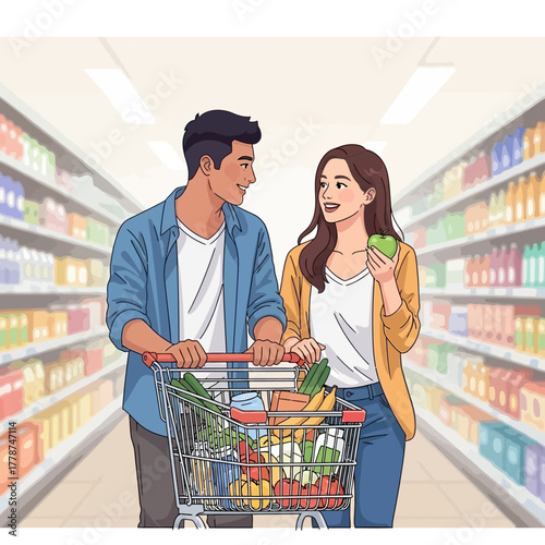 Happy young couple shopping for groceries together in a supermarket aisle.
