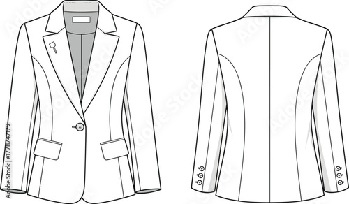 Cad drawing flat vector illustration of blazer jacket front and back, technical fashion sketch, apparel design template, formal clothing mockup, suit jacket