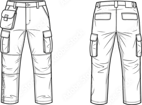 Cad drawing flat vector illustration of cargo pants front and back view, technical fashion flat, detailed pocket design, apparel template