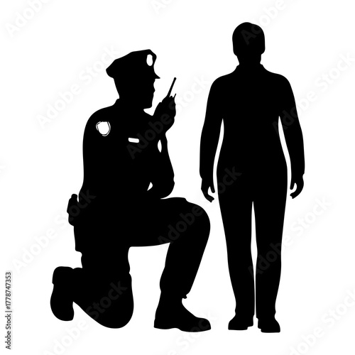 Officer kneeling with radio and standing person police officer