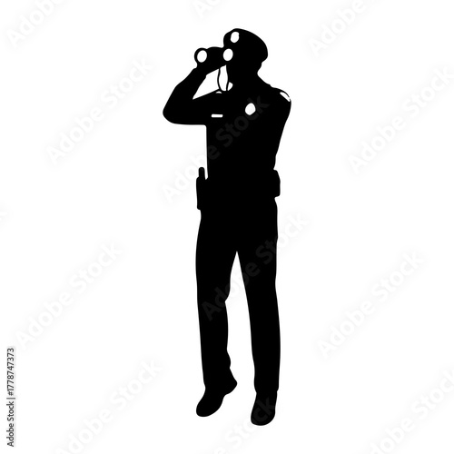 Officer observing with binoculars silhouette police officer