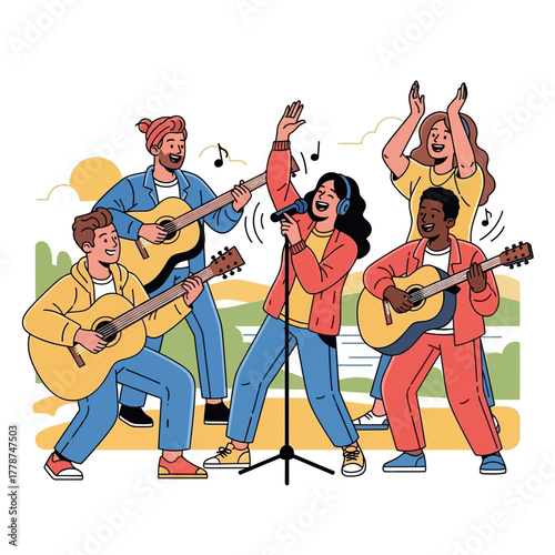 Diverse group of musicians performing live music outdoors.