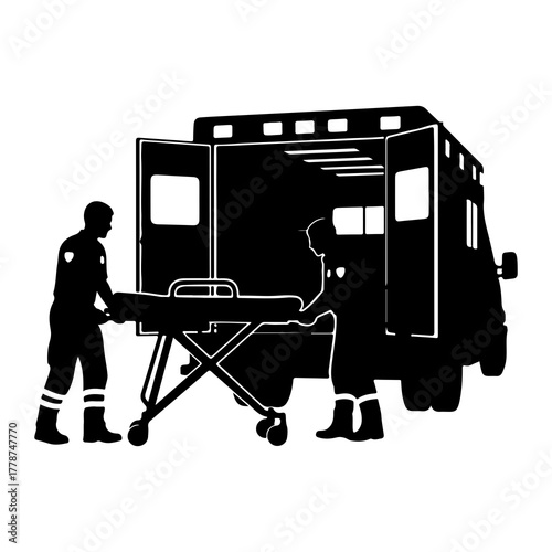 Paramedics loading stretcher into ambulance medical