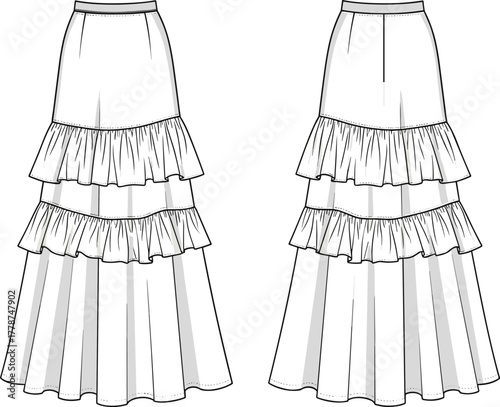 Cad drawing flat vector illustration of women layered ruffle skirt front and back view, fashion technical flat, long maxi skirt design