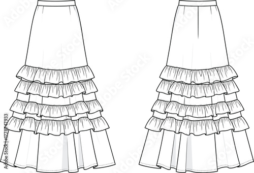 Cad drawing flat vector illustration of women ruffle skirt front and back view, fashion technical sketch, tiered maxi skirt design template