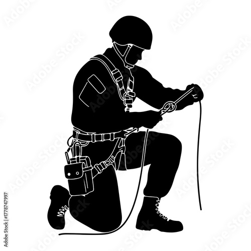 Person rappelling equipment preparation climbing