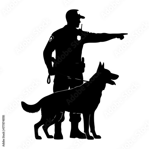 Police officer pointing with canine partner German Shepherd