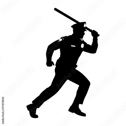 Police officer running with baton silhouette uniform