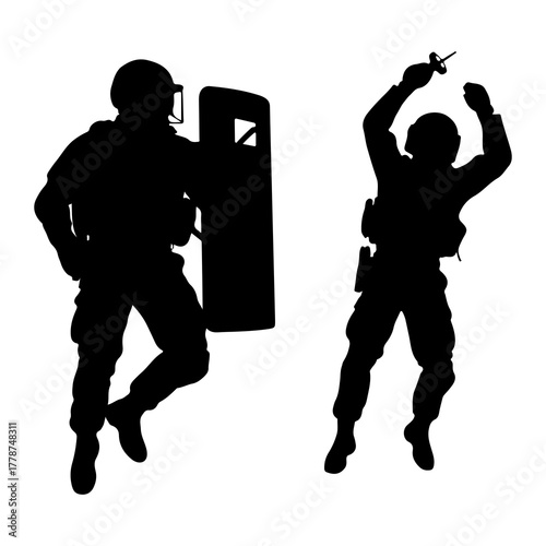 Riot police officers with shield and baton helmet