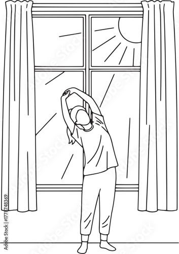 Morning Stretch by Window Line Art Illustration with Sunrise