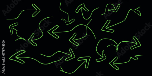 A collection of hand-drawn, glowing green arrows pointing in various directions on a black background.
