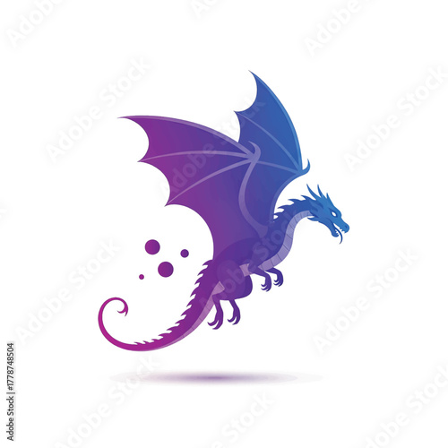 Majestic Blue and Purple Dragon Flying in Sky Fantasy Creature Illustration Mythical Beast Modern Chinese Dragon Graphics