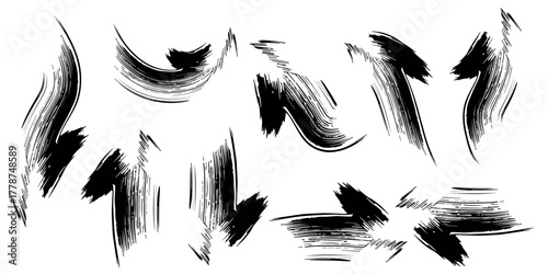 A collection of black, hand-painted grunge brush stroke arrows pointing in various directions, isolated on a white background.