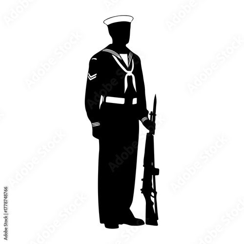 Sailor standing with rifle navy uniform