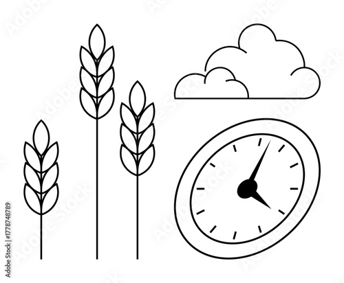Three wheat stalks, an analog clock, and a cloud visually connect themes of farming, time, weather, and planning. Ideal for agriculture, farming cycles, food sustainability meteorology