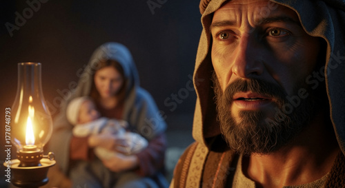 Close-up of Joseph's face at the nativity scene. Mary holds the newborn baby Jesus in the background by lamplight. A biblical depiction of the Holy Family at Christmas