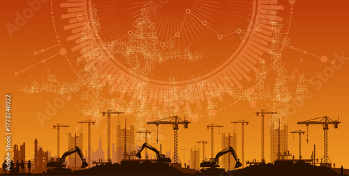 Vektor Silhouetten Bauindustrie - Baumaschinen und Baukräne im Einsatz auf Baustellen - Digitalisierung und Projekt Monitoring
