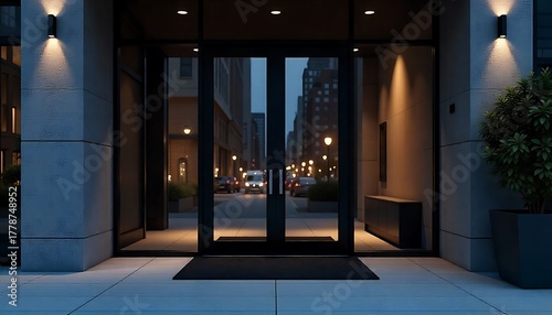 a modern building with a large glass door and a black doormat in front of it, created with generative ai