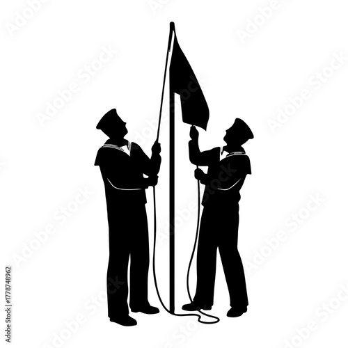 sailors raising flag, black silhouette, white background clip art preview