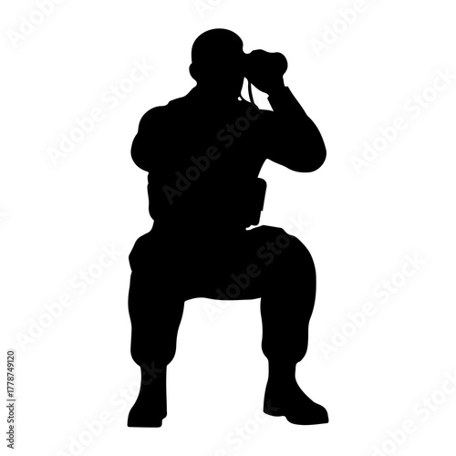 Silhouette man using binoculars observing looking