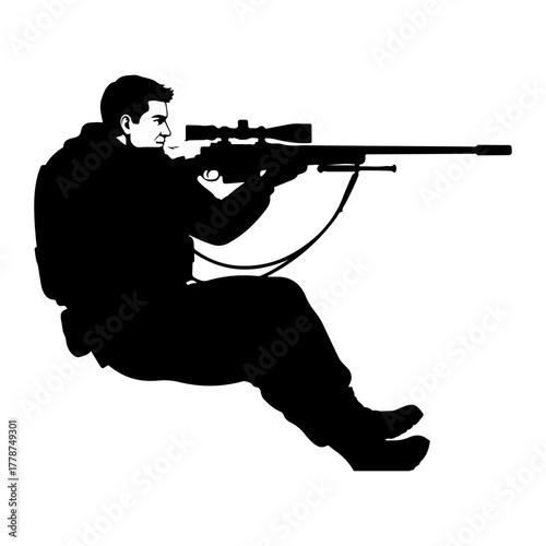 Silhouette of man aiming sniper rifle vector