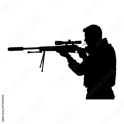 Silhouette of person aiming rifle scope