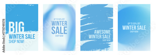 Winter Sale Commercial Set. Winter season sales promotional backgrounds with blue color blurred gradients and brush strokes. Vector illustration.