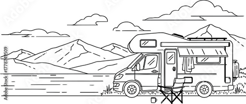 Camper Van Adventure by Lake and Mountains Line Art Illustration
