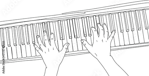 Hands Playing Piano Keyboard Top View Line Art Illustration