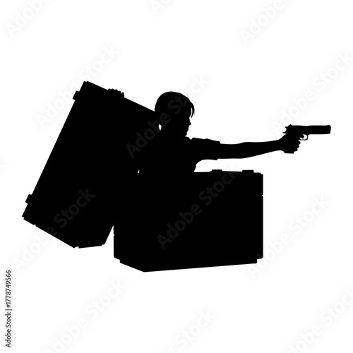 Silhouette person holding gun emerging from open case