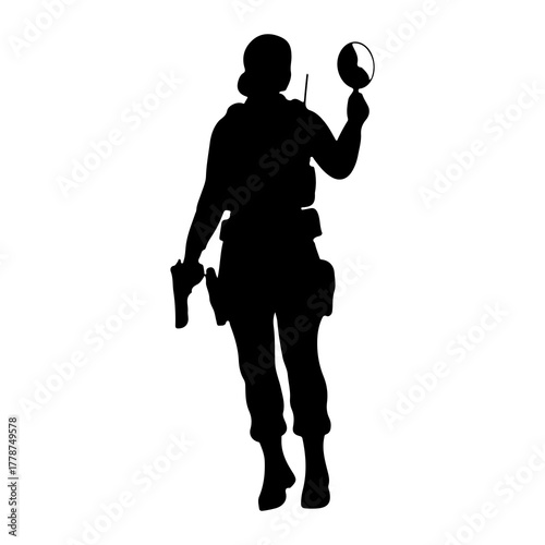 Silhouette person holding magnifying glass and gun