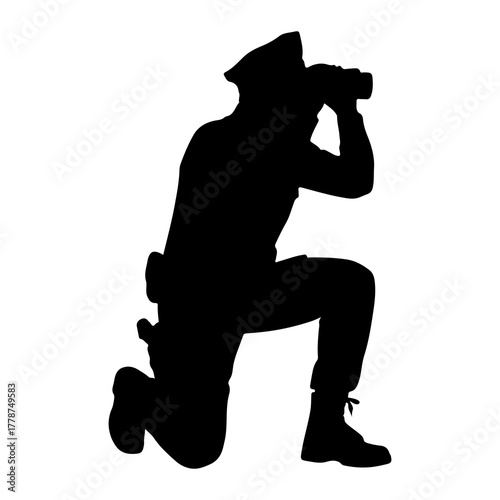 Silhouette person observing with binoculars police officer